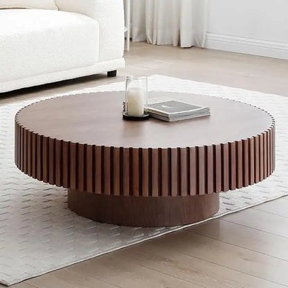 Walnut Round Coffee Table Wood, Modern Fluted Coffee Table for Living Room, Contemporary Low Circle Center Tables