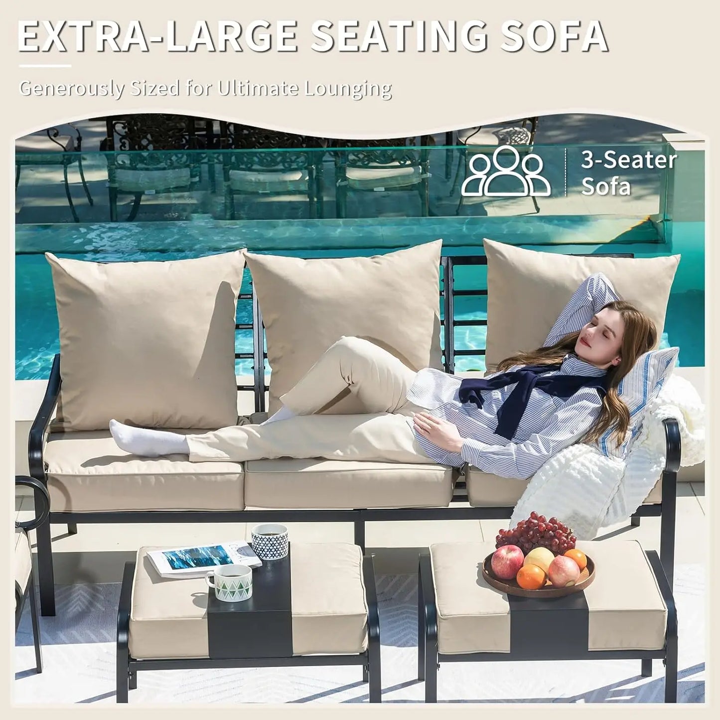 5 Piece Patio Furniture Set, Metal Patio Conversation Set with 1x3 Seater Sofa & 2xSwivel Chairs & 2xOttomans, 5.75'' Extra Thic