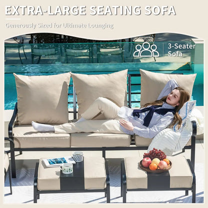 5 Piece Patio Furniture Set, Metal Patio Conversation Set with 1x3 Seater Sofa & 2xSwivel Chairs & 2xOttomans, 5.75'' Extra Thic
