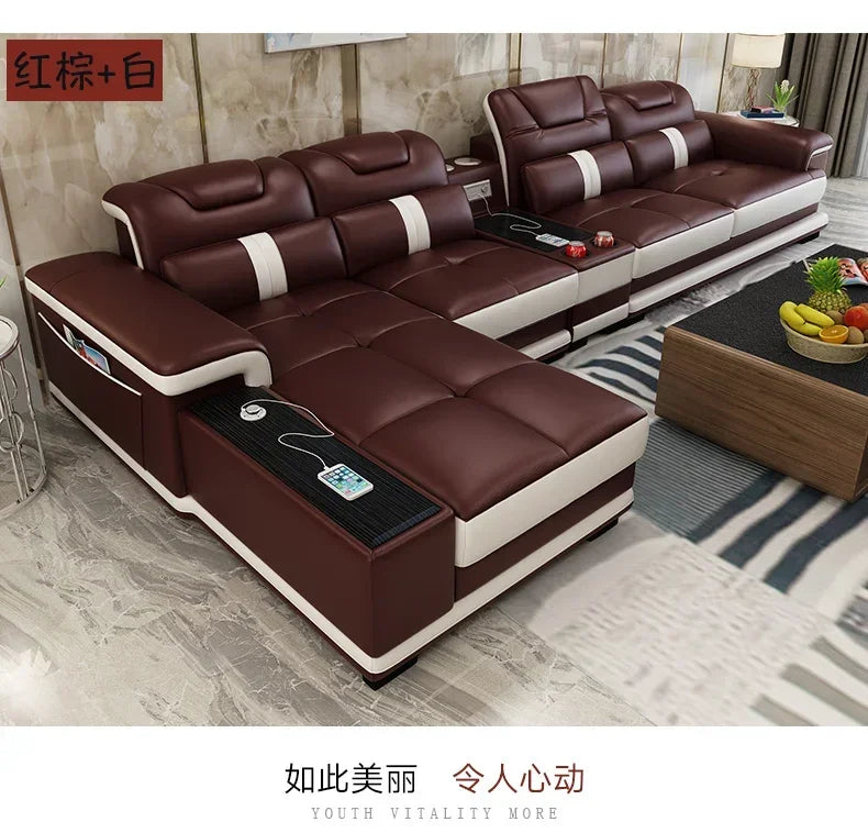 Living Room Sofa Set Corner Sofa Speaker Real Genuine Cow Leather Sectional Sofas Nordic L Shape Bluetooth Headrest Functional