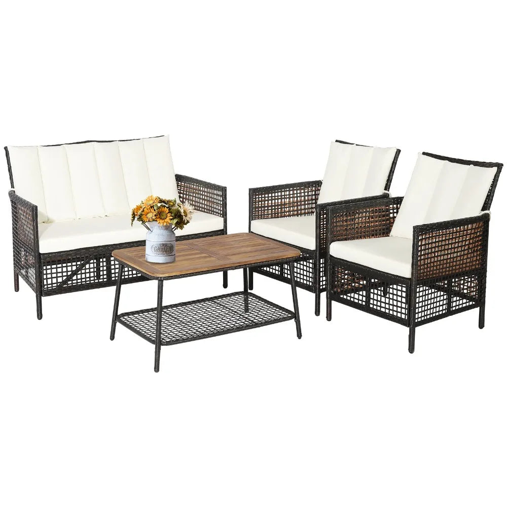 4PCS Patio Rattan Furniture Set Cushioned Chairs Wood Table Top W/Shelf