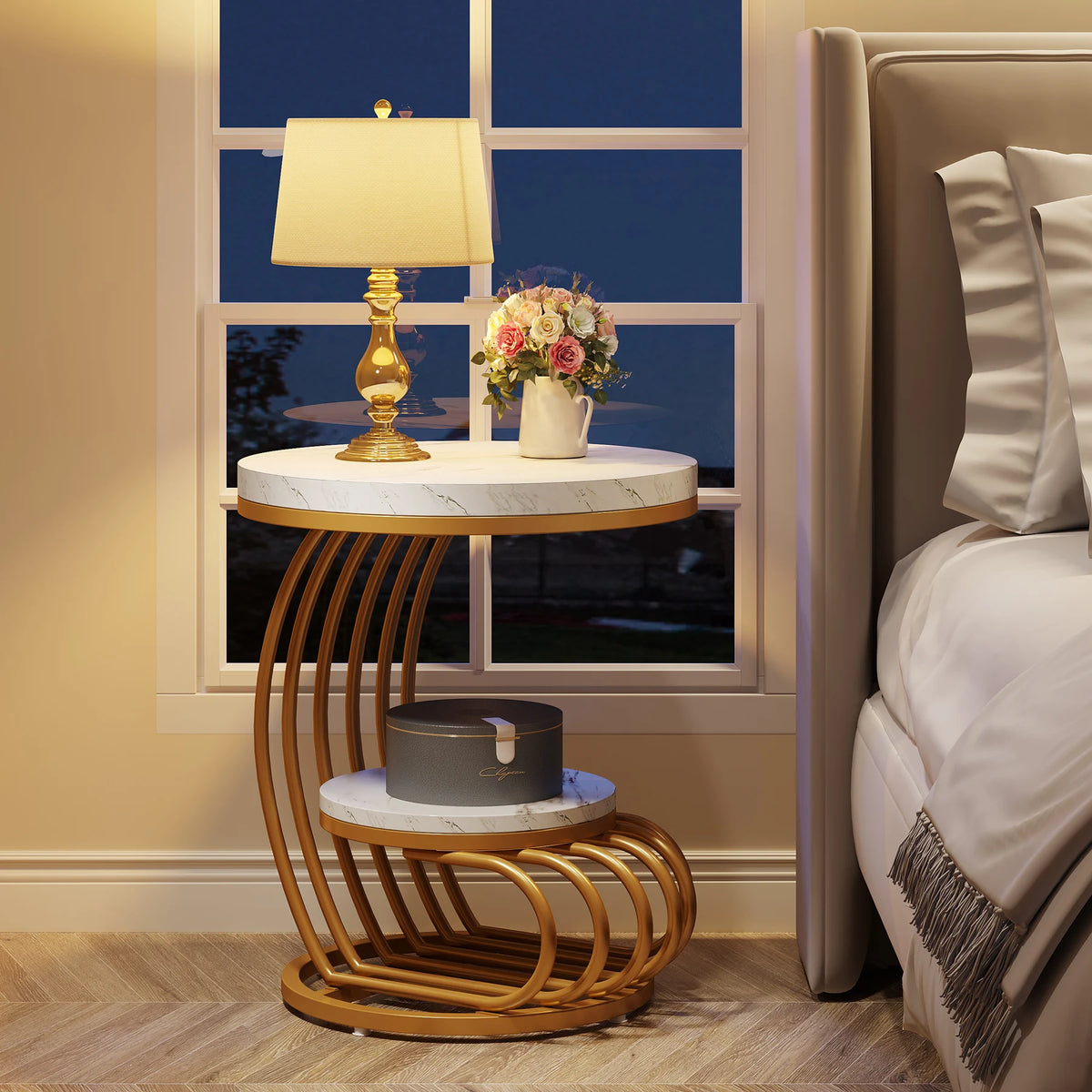 Tribesigns Gold Round End Table: 2 Tiers Faux Marble Side Table with Storage Shelf, Modern White Gold Bedside Nightstand