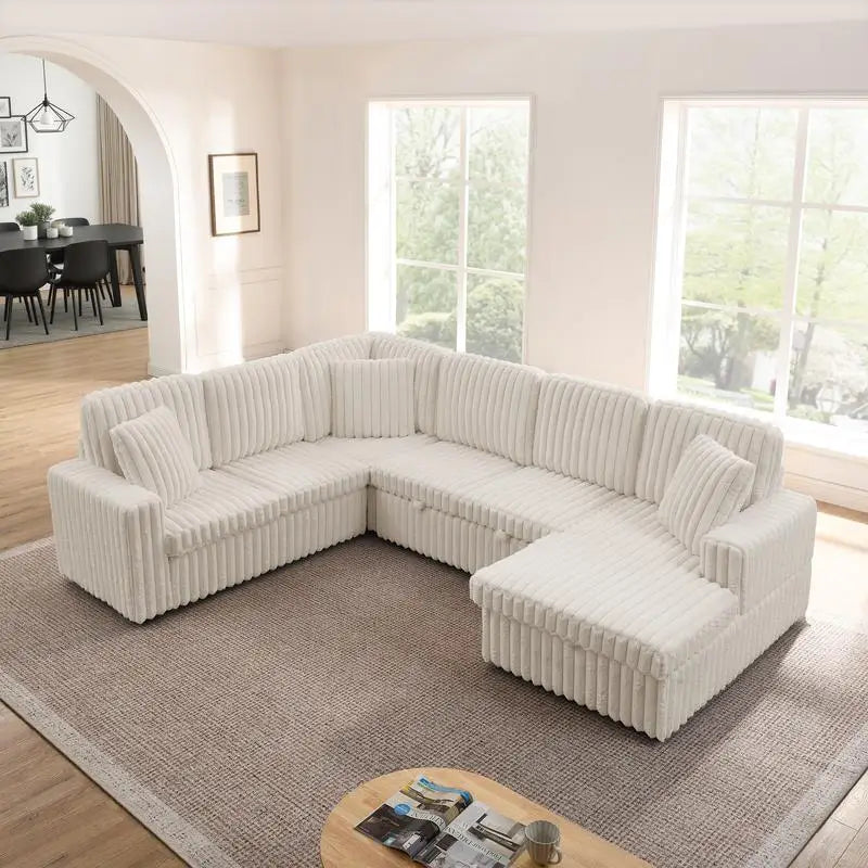 Modern Minimalist U-shaped Corduroy Striped Sofa, Pull-out Bed & Storage Chaise, Soft Beige Couch - Assembly Required
