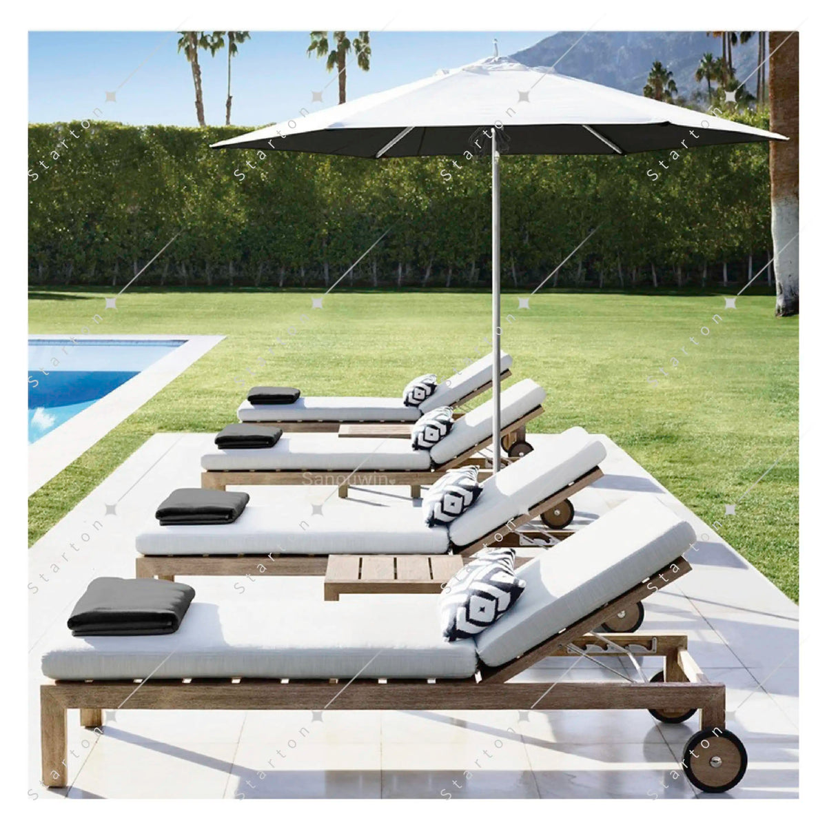 New Arrive Outdoor Wooden Teak Garden Set Daybed Chaise Lounge Furniture Teak Canopy Modern Solid Wood
