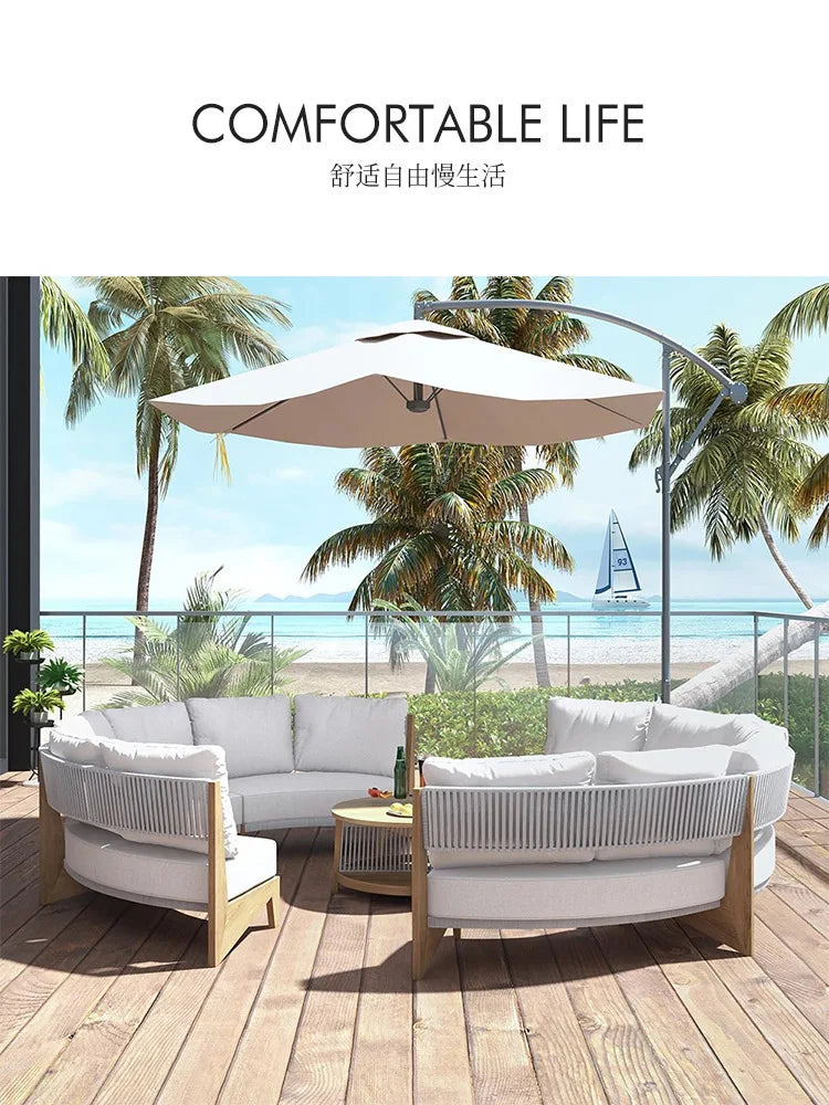 Outdoor sofa teak rattan furniture outdoor courtyard balcony garden waterproof sun protection circular arc solid wood sofa