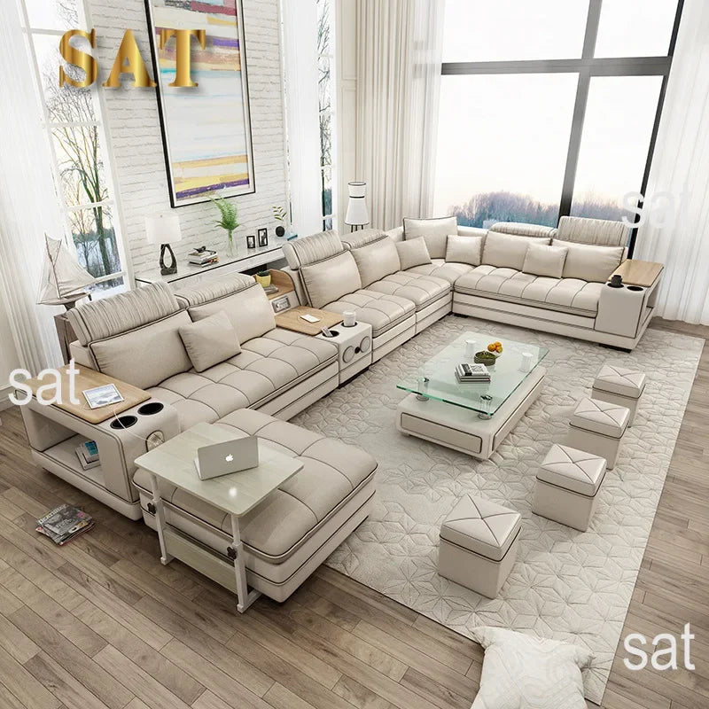 -Modern luxury premium genuine leather fabric wedding sectionals sofa couch set U shape sofas couchs bed living room furniture