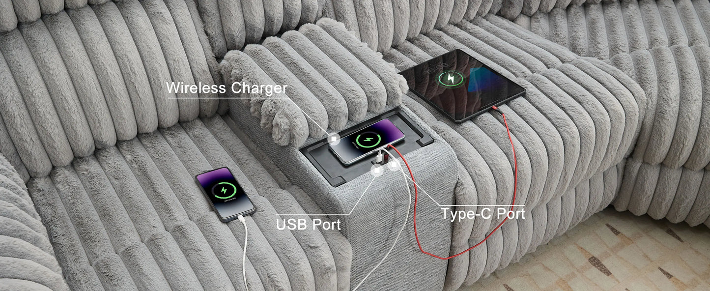 Power Reclining L-Shaped Fuzzy Rabbit Plush 5-Seater Sectional Sofa Set with Wireless Charger, USB Type-C Port & Storage Console