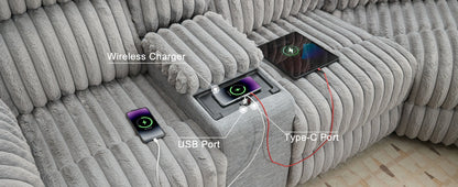 Power Reclining L-Shaped Fuzzy Rabbit Plush 5-Seater Sectional Sofa Set with Wireless Charger, USB Type-C Port & Storage Console