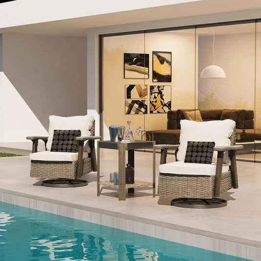 Swivel Rocker Patio Chairs Set with Matching Side Table Wicker Bistro Set and Premium Cushion Fabric