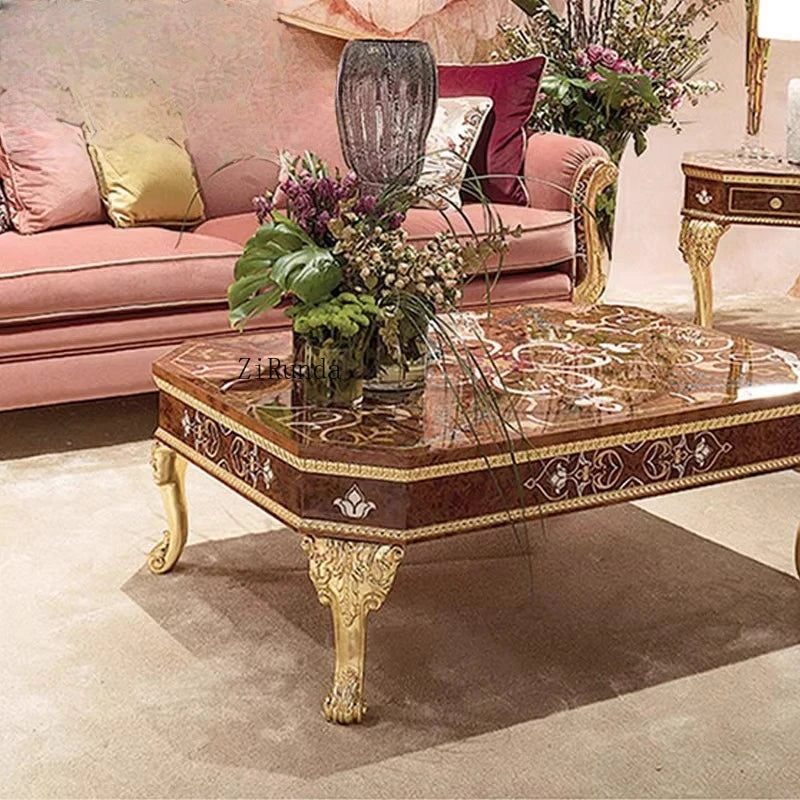 European luxury solid wood carving flower sofa French parquet fabric sofa coffee table combination