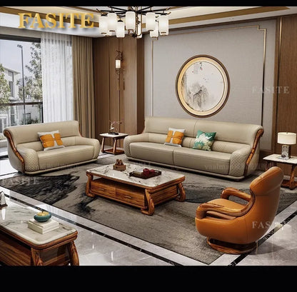 leather sofa new Chinese-style first-layer cowhide European-style solid wood living room corner combination villa