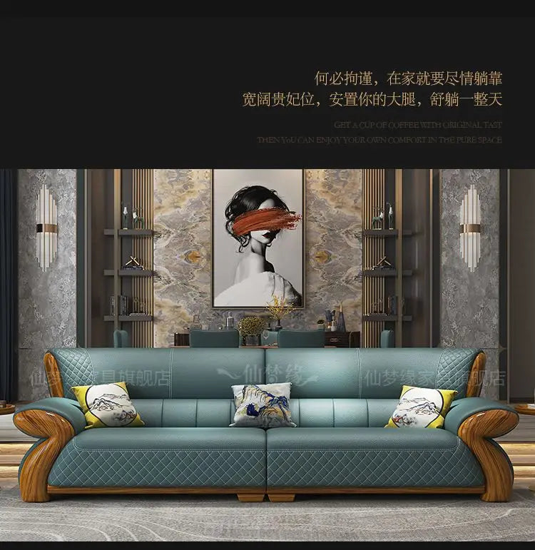 New leather sofa modern simple light luxury ebony solid wood new Chinese small apartment living room popular furniture