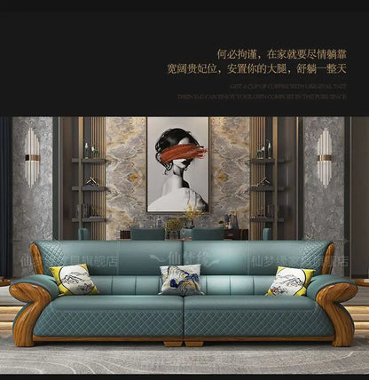 New leather sofa modern simple light luxury ebony solid wood new Chinese small apartment living room popular furniture