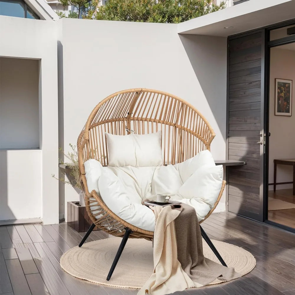Oversized Wicker Egg Chair with Cushion, Indoor Outdoor Patio Lounger for Living Room Bedroom Balcony