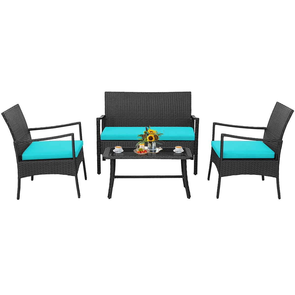 4PCS Patio Wicker Furniture Set Cushioned Chairs& Loveseat with Coffee Table Garden