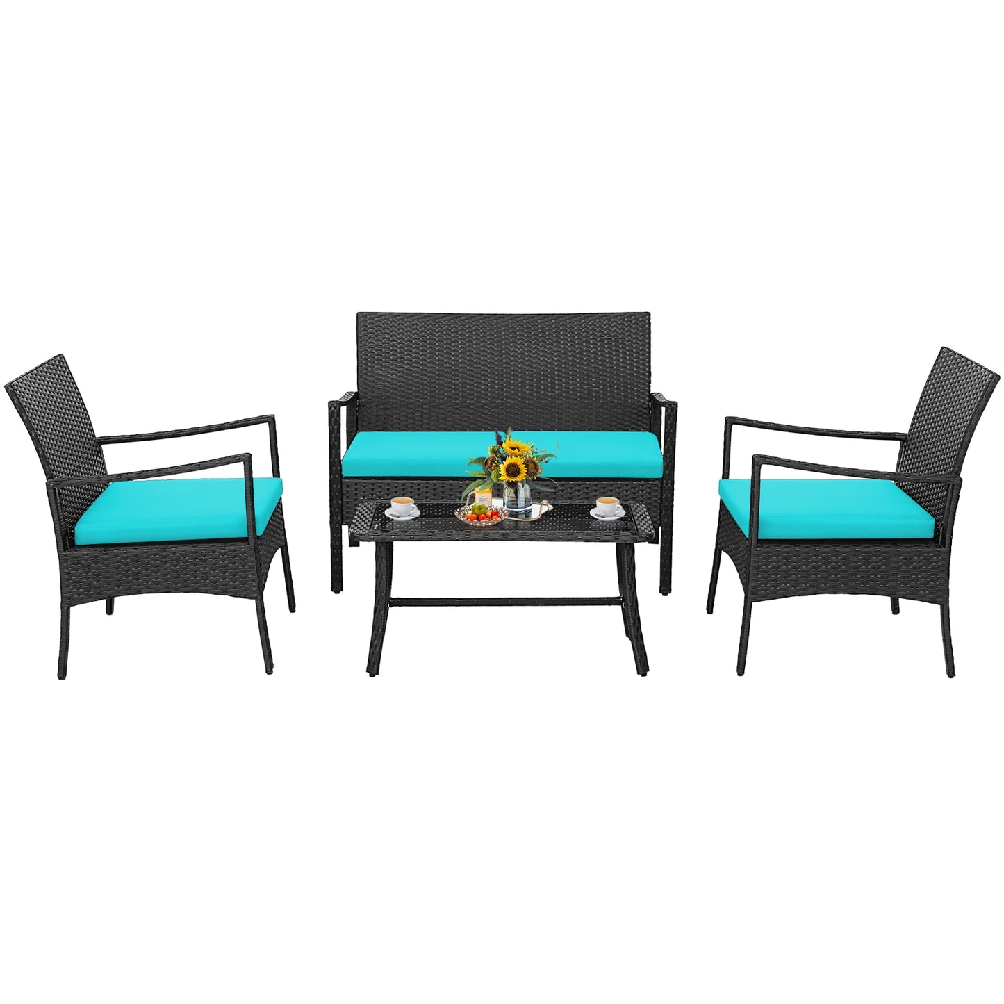 4PCS Patio Wicker Furniture Set Cushioned Chairs& Loveseat with Coffee Table Garden