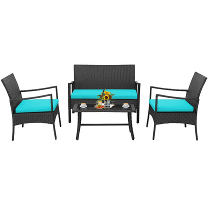 4PCS Patio Wicker Furniture Set Cushioned Chairs& Loveseat with Coffee Table Garden