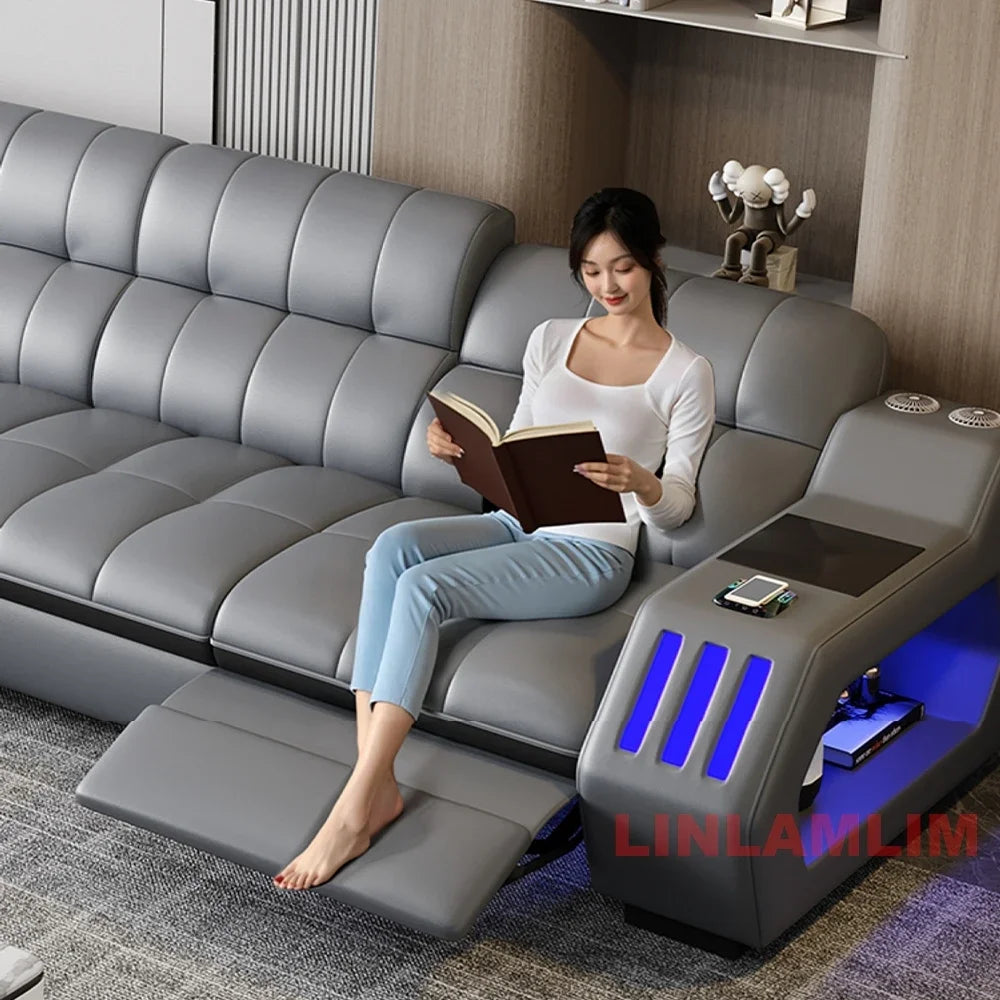 Modern Sectional Sofa Bed with LED Light, Electric Recliner and Massage | Living Room Genuine Leather Couch with Cup Holder, USB