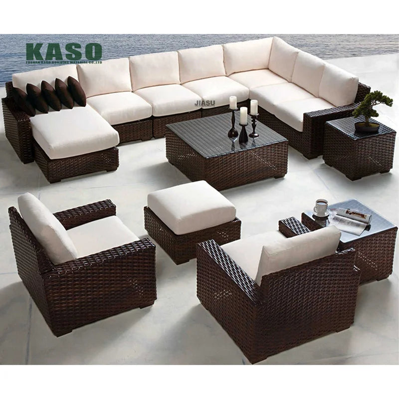 4 Piece Modern Luxury Dining Metal Aluminum Wicker Rope Ratan Sofa Garden Set With Fire Pit Outdoor Rattan Patio Furniture Set