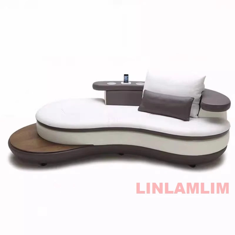 Modern Luxury Genuine Leather Sectional Sofa Set with Speaker and USB, U-Shaped Design Living Room Couch with Storage Shelves