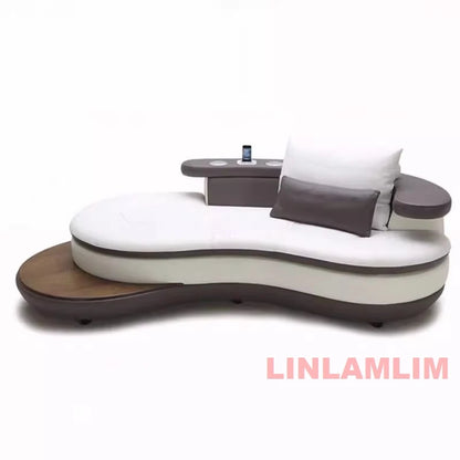 Modern Luxury Genuine Leather Sectional Sofa Set with Speaker and USB, U-Shaped Design Living Room Couch with Storage Shelves