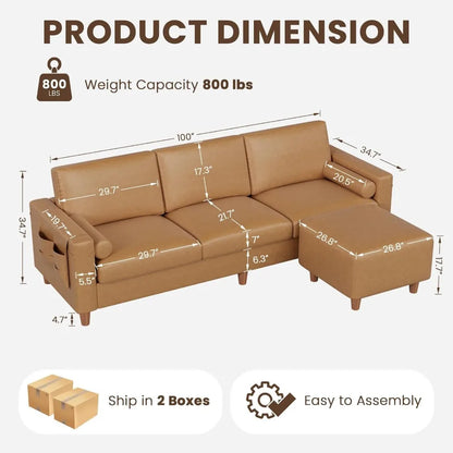 100 Faux Leather Couch with Movable Ottoman, 3 Seater L Shaped PU Leather Sofa with Side Pocket, Comfy Mid Century Mod