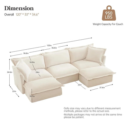 L-Shaped Modular Sectional Sofa Removable Slipcover Cloud 3-Seater Movable Ottoman Chenille Living Room Customized