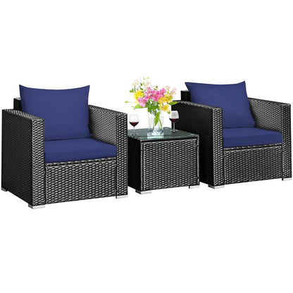 3 Pieces Patio Furniture Set, Outdoor Conversation Rattan Furniture Set w/Washable Cushion and Tempered Glass Tabletop, PE Ratta
