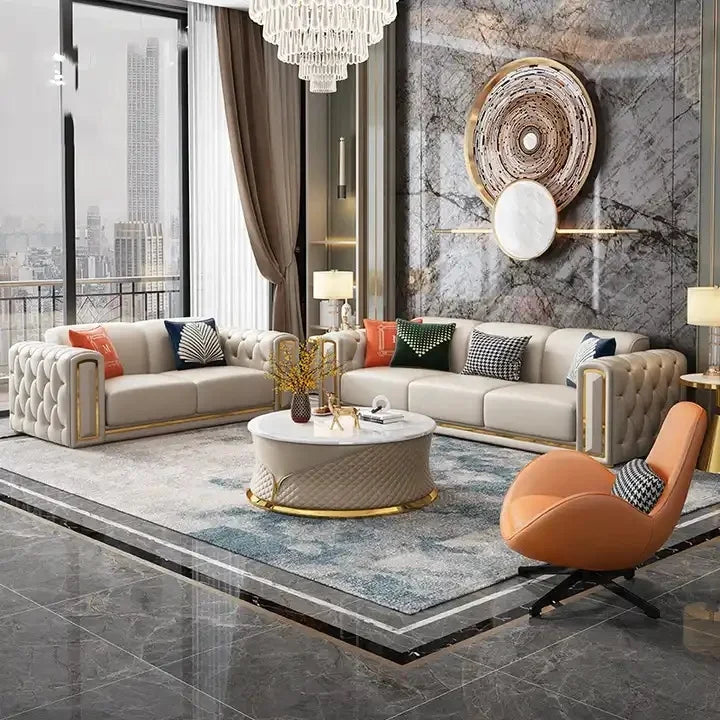 Italian Modern Luxury Art Style Leather Sofa Set Villa Living Room Furniture Leather Combination Sofa Set Support Customization