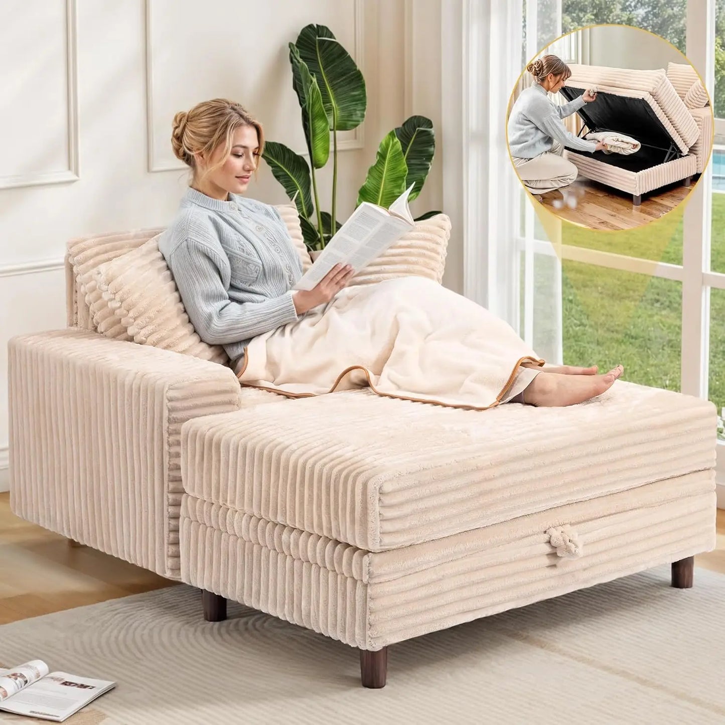 54" Oversized Chaise Lounge Chair Indoor, Comfy Sofa Bed with Storage and Ottoman, Upholstered Reading Chairs Cloud Couches, Kha