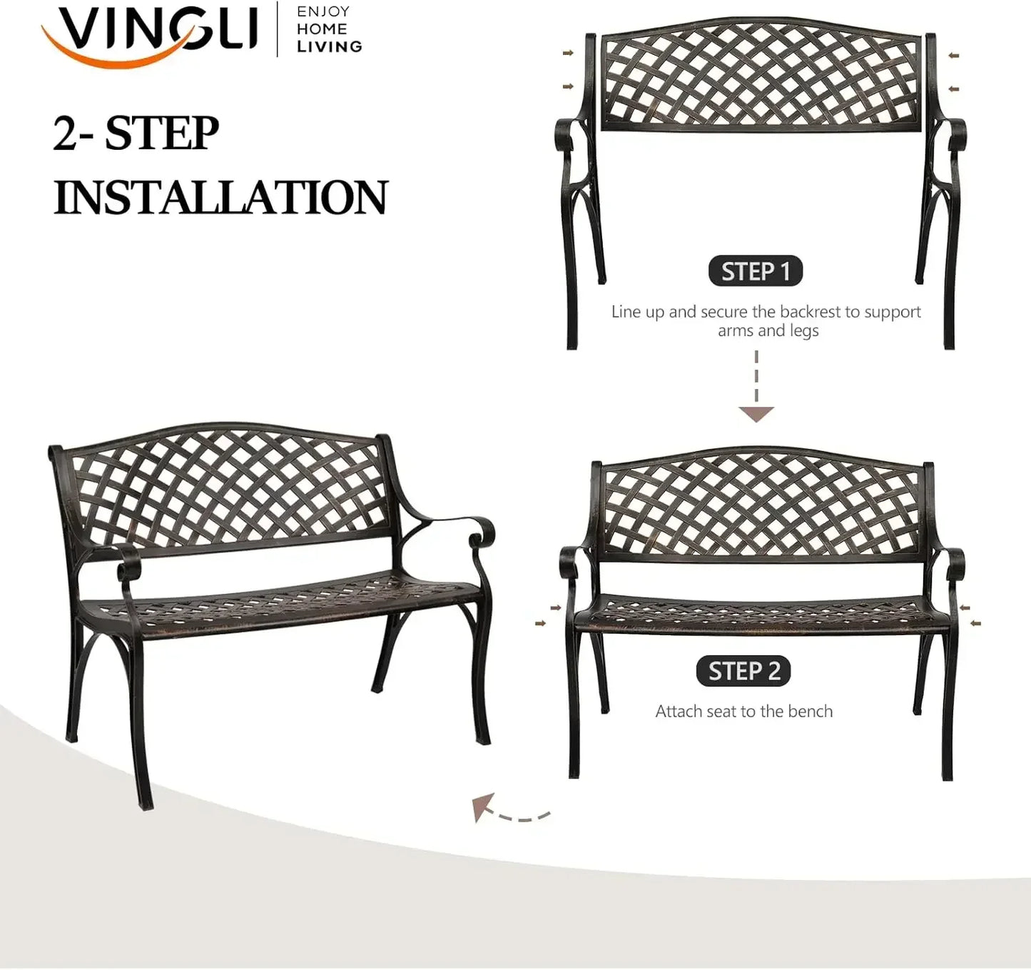 40.5" Outdoor Bench Patio Garden Bench, Anti- Rust Cast Aluminum Patio Bench Front Porch Bench