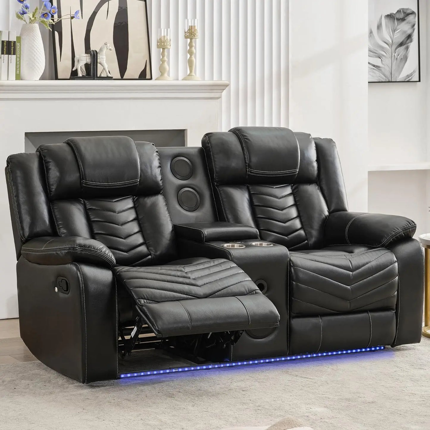 TODRANI Manual Recliner Loveseat with Bass Speaker, Faux Leather Reclining Love Seat with LED Lights, USB Charger, Cup Holder
