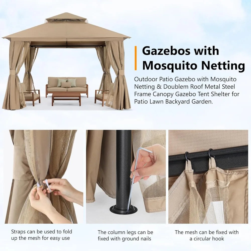 Outdoor Patio Gazebo 11x13 - Double Roof Canopy with Mosquito Netting and Curtain for Backyard, Deck, Garden, Lawn, Khaki