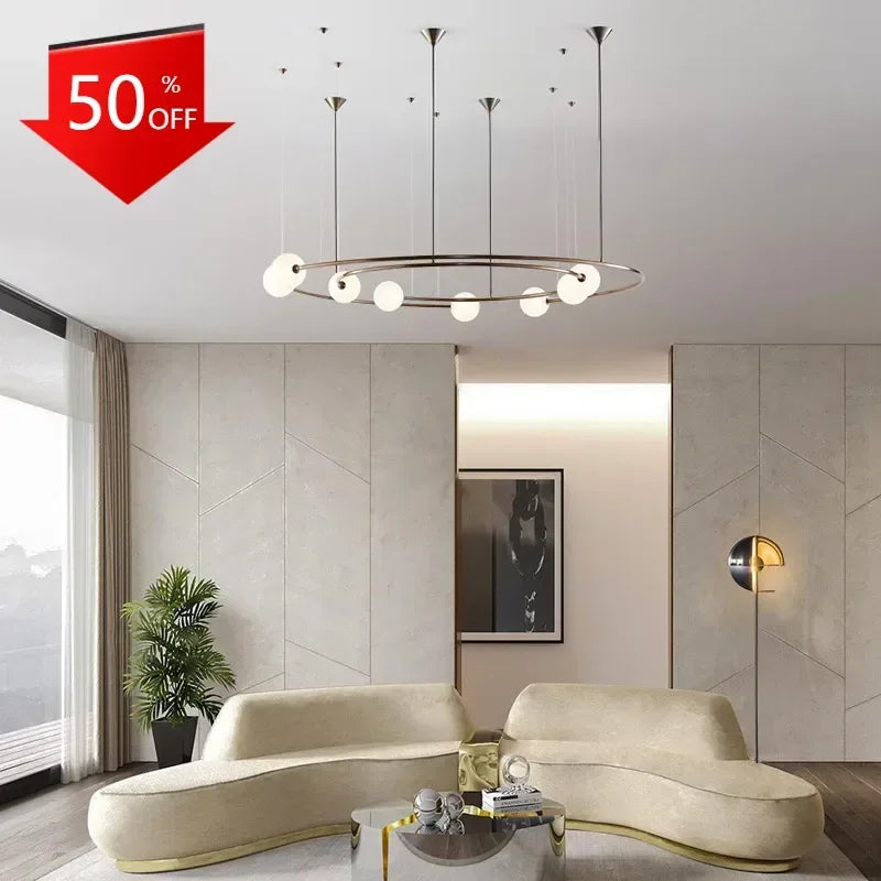NEW 2025 Nordic Modern Creative Ring Pendant Chandelirer for Living Room Planet Round Hanging Lamp Glass Lampshade Decoration Li