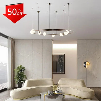 NEW 2025 Nordic Modern Creative Ring Pendant Chandelirer for Living Room Planet Round Hanging Lamp Glass Lampshade Decoration Li