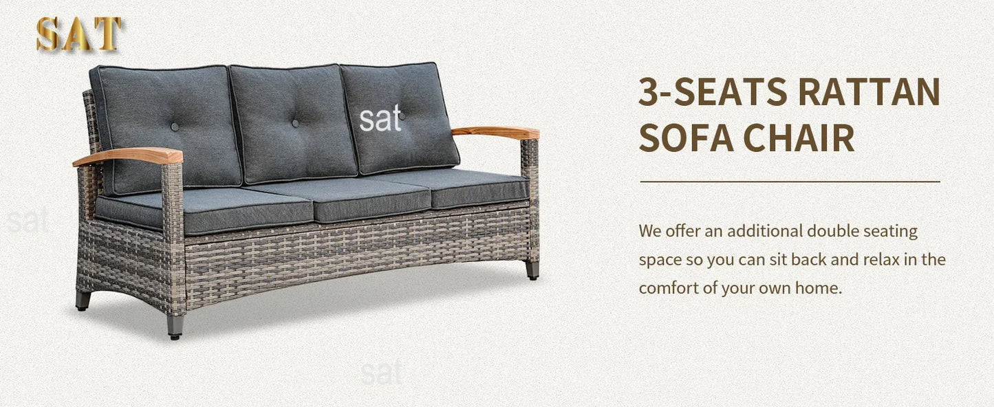 A  6 Pieces Outdoor Rattan Furniture Sets with 2 Wood Armrests Swivel Rocker Chairs, 2 Ottoman, 3-Seat Sofa and Coffee Table