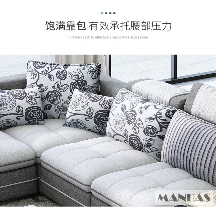 MANBAS Modern U-Shaped Fabric Sectional Sofa Set with Storage, Cup Holders, Speaker, USB, Bookshelf and Stools for Living Room