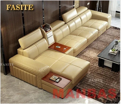 Italian Leather Couch With Heating Seat Cold Fridge Genuine Leather Sofa With Headrests USB, Stools And Storage Easy to clean
