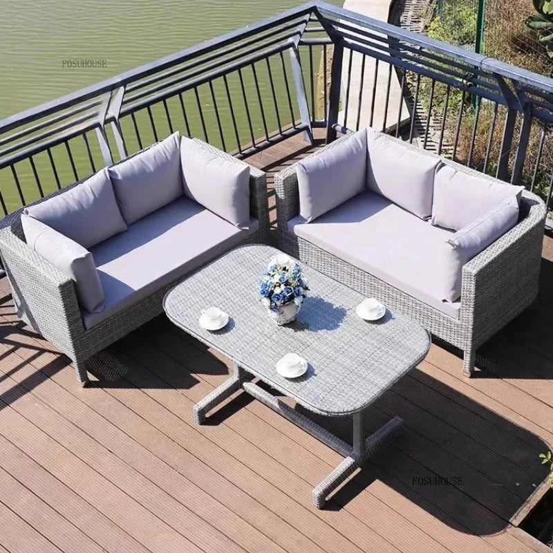 Nordic Outdoor Garden Sofas Leisure PE Rattan Garden Terrace Sofa Chair Set Courtyard Balcony Double Sofa Outdoor Furniture GG A