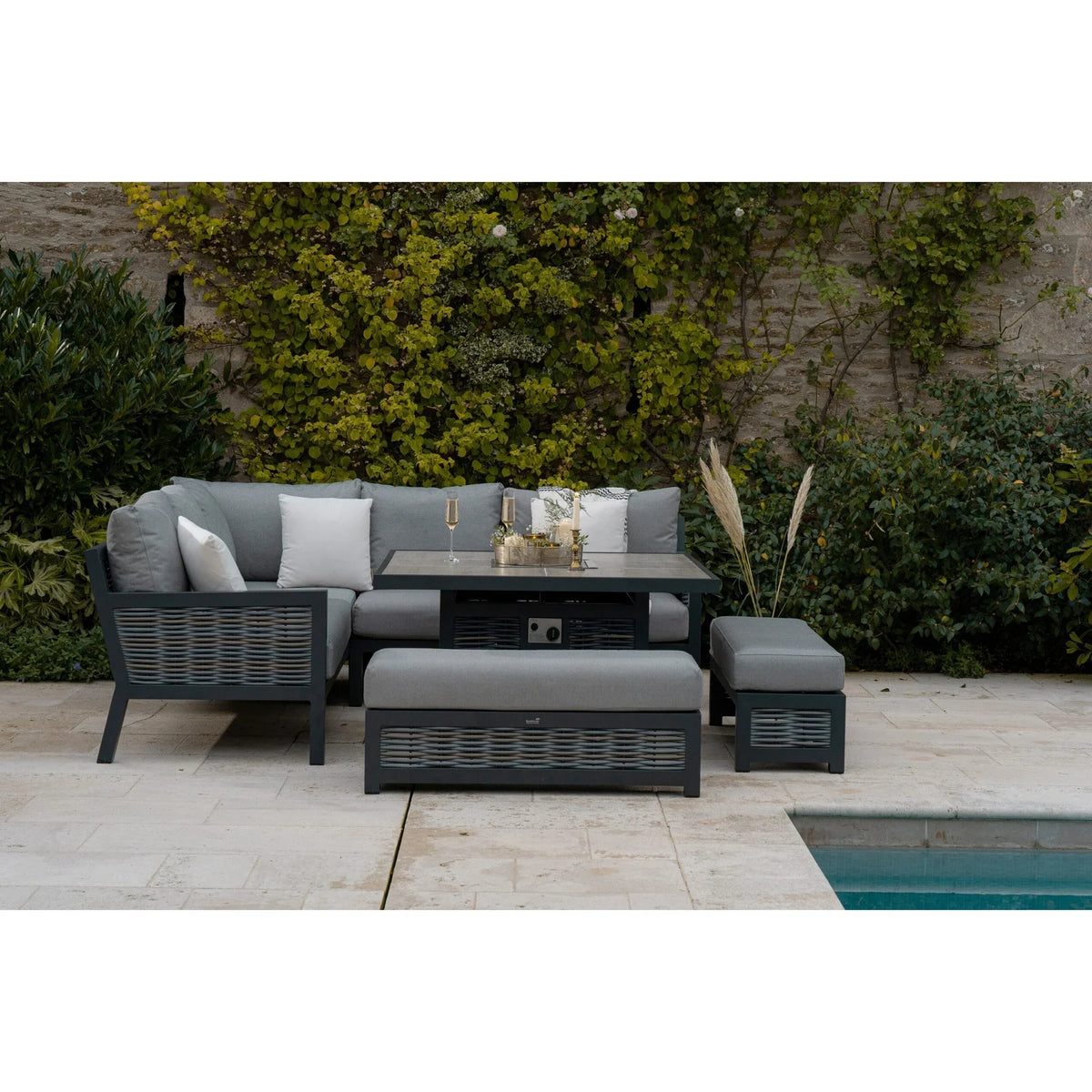 Premium 4-Piece Outdoor Lounge Set – All-Weather Wicker Sofa with Fire Pit Table