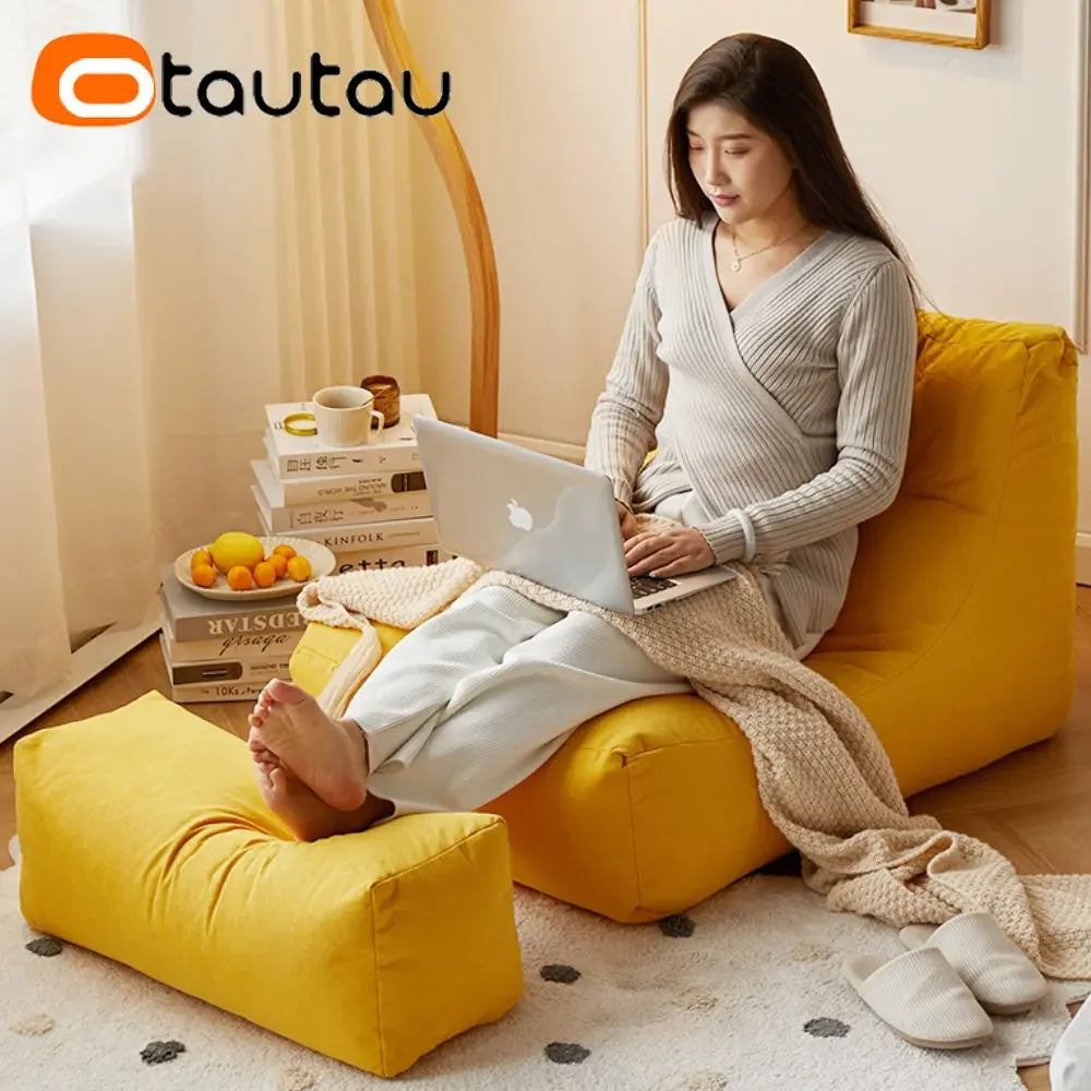 OTAUTAU Soft Cotton Bean Bag Cover Without Filler Chaise Lounge Recliner Sofa Bed Beanbag Pouf Sac with Footstool Ottoman SF027