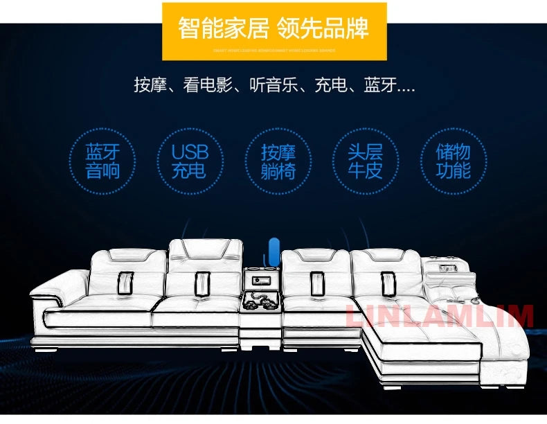 Sectional Sofa with Massage Chaise Lounge, Cup Holder, USB, Adjustable Headrests – Italian Genuine Leather Living Room Couch