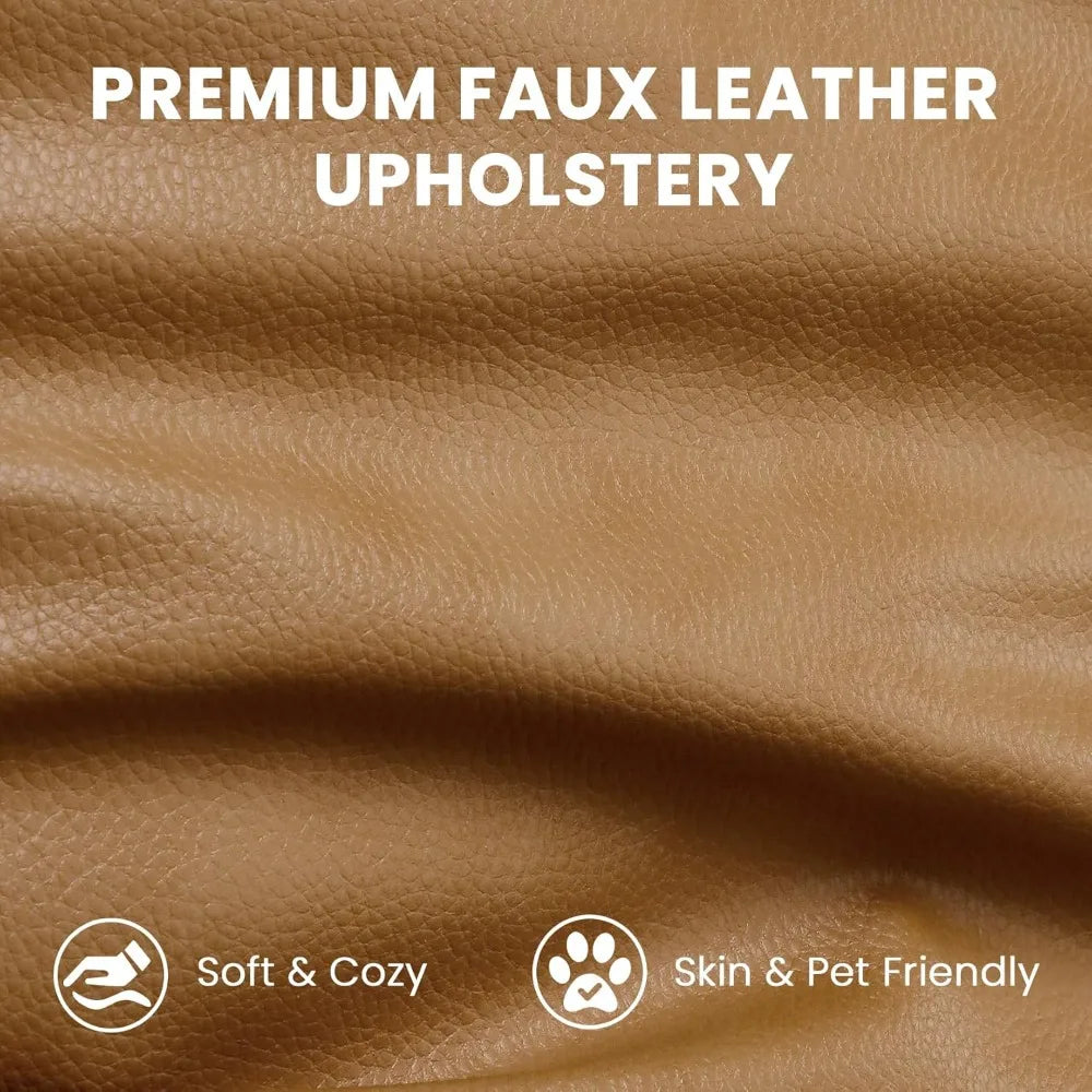 100 Faux Leather Couch with Movable Ottoman, 3 Seater L Shaped PU Leather Sofa with Side Pocket, Comfy Mid Century Mod