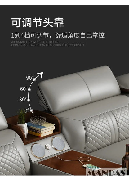 Modern Italian Genuine Leather Sofa for Living Room with Cup Holder, USB, Adjustable Headrests & Bluetooth Speaker - Linlamlim