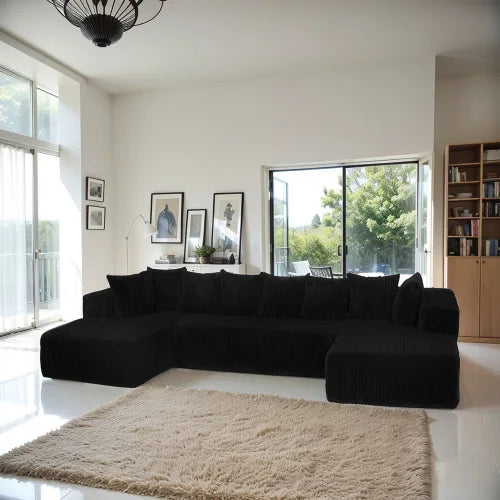 Modular U-Shaped Sectional Sofa,Striped Corduroy Fabric in BLACK – Living Room or Bedroom Couch, Freely Configurable Layout.