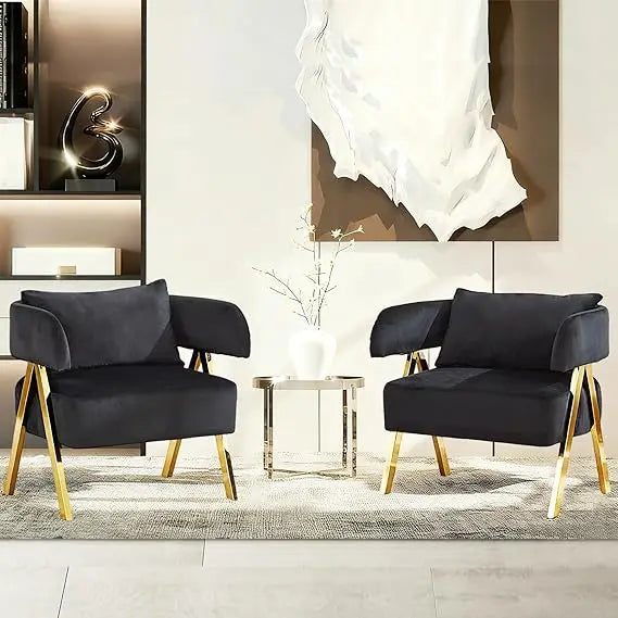 Modern Black and Gold Accent Chairs Set of 2, Velvet Barrel Accent Chair for Living Room Bedroom, Comfy Reading Armchair