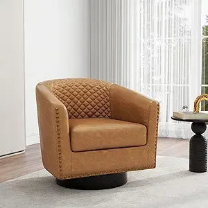 Accent Chair, Upholstered Faux Leather Barrel Chair with Nailed Trim, Comfy Club Armchair for Reading Living Room Bedroom Waitin