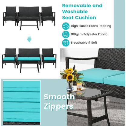 4 Piece Wicker Patio Furniture Set, Outdoor PE Rattan Conversation Sets with Chairs, Loveseat & Tempered Glass Coffee Ta