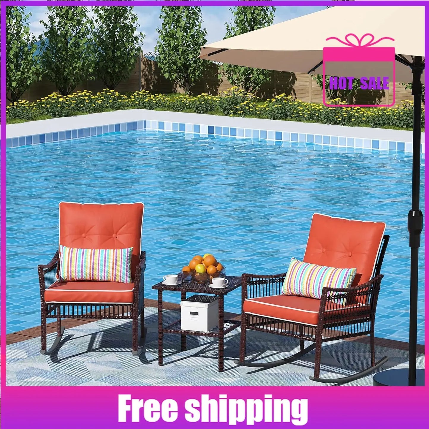 Curated Design Outdoor Rocking Chairs 3 Pieces Patio Conversation Front Porch Furniture, Wicker Rocking Chairs Bistro Set wit