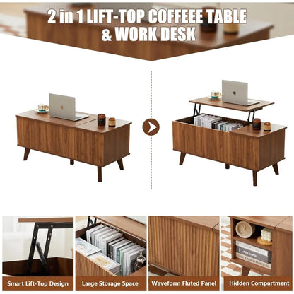 Modern Rectangular Coffee Table with Fluted Design, Lift Top and Hidden Storage